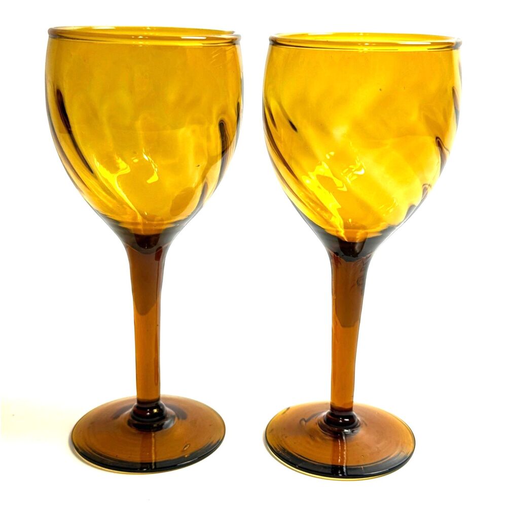 Amber Pair Vintage Stemmed Wine Glasses Swirl 6in